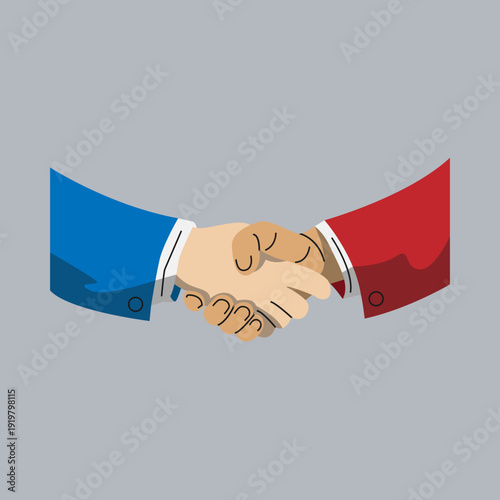 Two hands, one in a blue sleeve and one in a red sleeve, shaking firmly against a plain grey background, symbolizing agreement or partnership.