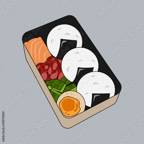 A neatly packed Japanese bento box featuring three onigiri, salmon slices, red beans, green vegetables, and a boiled egg.