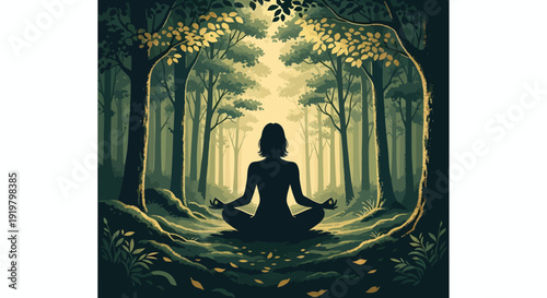 Silhouette of a person meditating in a serene forest setting.