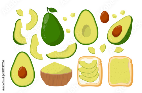 Avocado Elements. Flat cartoon illustration of whole avocado, halves with and without pit, slices, cubes, guacamole in a wooden bowl, and two avocado toasts on white background.