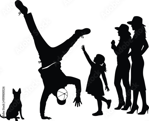 Silhouettes of people and dog, handstand with basketball, child reaching, black figures, white background, interaction