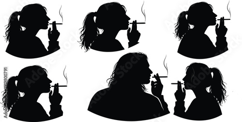 Silhouettes of people smoking cigarettes, side profiles, rising smoke, black figures, white background, health concept