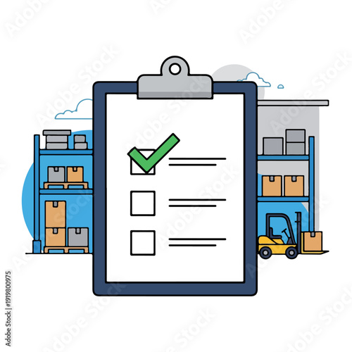 A clipboard with a checklist and a green checkmark in front of a warehouse background with shelves and a forklift. Perfect for business, logistics, and central excise day india