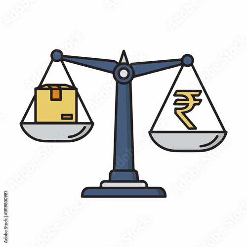 A digital illustration of a scale balancing a cardboard box and the Indian rupee symbol, symbolizing central excise day in India. Perfect for finance, taxation, and business presentations