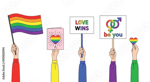 Diverse hands holding LGBTQ pride flags and equality signs vector illustration for pride month and human rights