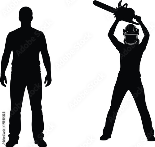 Silhouettes of two people, one with chainsaw, dramatic pose, confrontation scene, black figures, white background