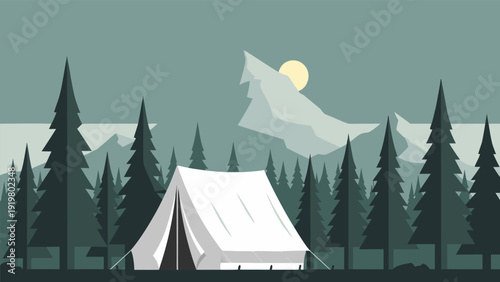 Minimalist Vector Illustration of a White Tent Amidst Tall Trees and Majestic Mountains under a Muted Moonlit Sky