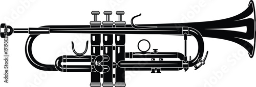Black vector silhouette of a classic trumpet musical instrument with valves and mouthpiece for jazz orchestral performance music school and brass band branding
