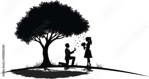 Black vector silhouette of a man kneeling to propose with a ring to a woman under a leafy tree for romance wedding and engagement branding