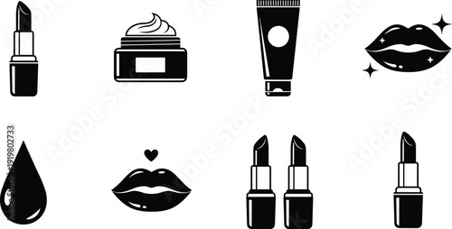 Black vector silhouette set of professional cosmetic products including lipstick tubes face cream jars lotion tubes and luscious lips for beauty and skincare branding