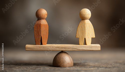 Wooden figurines of a man and woman balanced on a wooden plank, symbolizing gender equality or balance, with textured natural wood surfaces and smooth rounded shapes