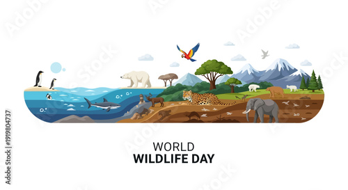 Vector illustration of World Wildlife Day with diverse animals and ecosystems, promoting conservation and biodiversity on a white background with a colorful and educational composition.