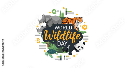 Vector illustration of World Wildlife Day with various endangered animals like tiger, elephant, and panda, promoting conservation and biodiversity on a colorful background.