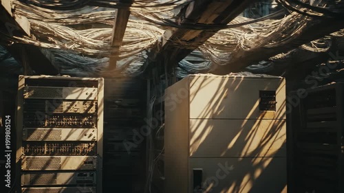 Server racks and messy wires in abandoned technology data center room facility.