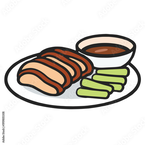 Roast duck sauce cucumber plate cartoon style delicious Asian cuisine isolated
