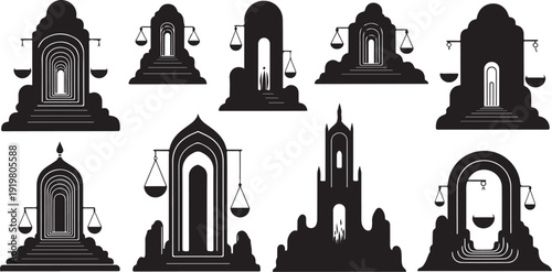 Black and white illustrations of various court building silhouettes