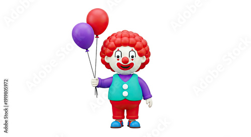3D Cartoon Clown with Red and Purple Balloons