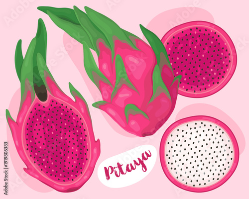 Dragon fruit, pitaya. Tropical exotic fruit. Half, whole and slice of fresh, ripe dragon fruit.	