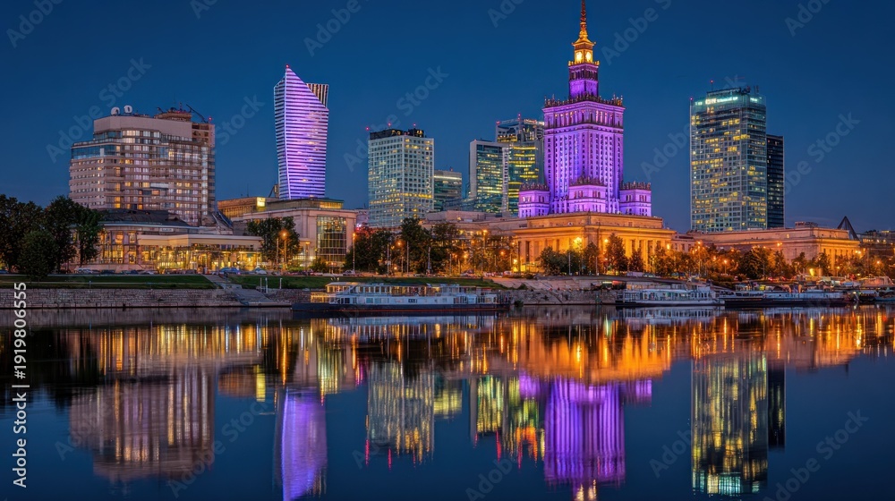 Fototapeta premium Cityscape at night illuminated buildings reflecting on calm waters