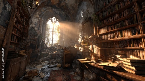 Old library interior with bookshelves and sunlight streaming through window