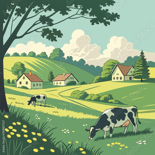 Tranquil rural landscape featuring cows grazing in a vibrant green field, with charming houses on gentle hills under a soft sky.
