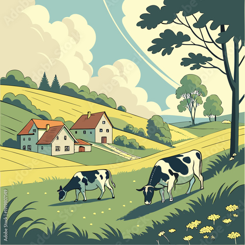Peaceful farm scene with cows grazing in a sunny green meadow, traditional houses on rolling hills under a bright blue sky.