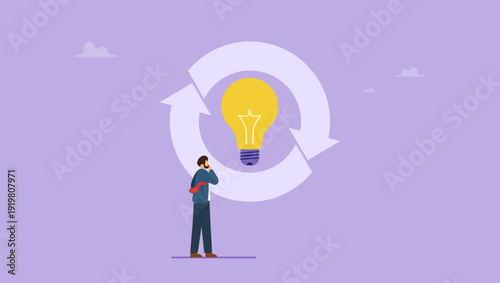 Businessman looking at rethink sign with lightbulb idea. Thinking new way to solve problem or make decisions, rethink or think again to make change for better result concept.