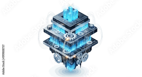 Futuristic technology concept with glowing blue circuits and gears