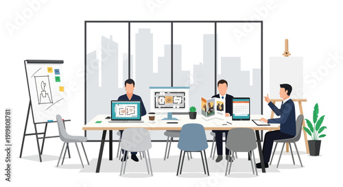 Business meeting in modern office with team collaboration.