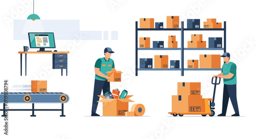Warehouse logistics and shipping operations illustration.