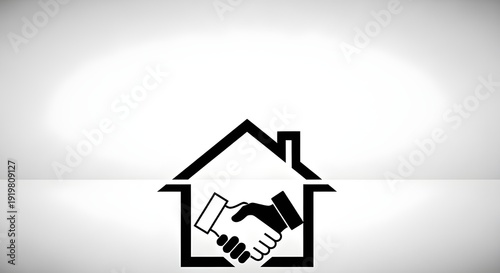 Black and white house outline with handshake icon for real estate deal