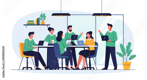 Diverse team collaborating in a modern office meeting.