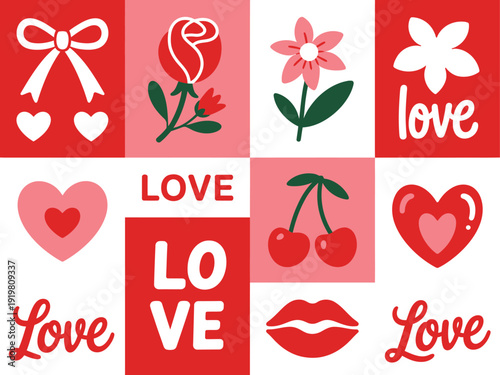 Valentine day collection with romantic symbols and love typography set on colorful background