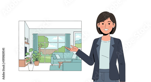 Woman presenting a living room interior design concept.