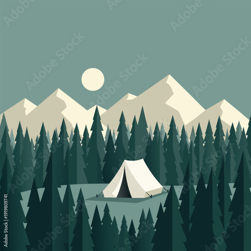 Serene Forest with White Tent and Majestic Mountains Vector Illustration