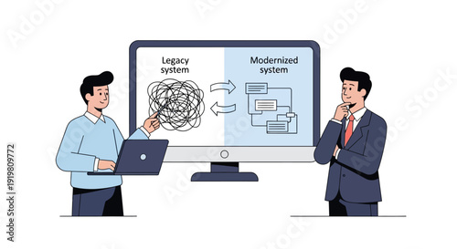 Businessmen comparing legacy system with modern system on computer screen.