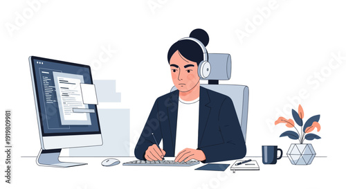 Young woman wearing headphones working diligently at her desk.