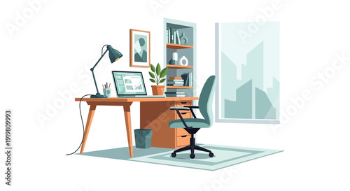 Modern Home Office Desk Setup with Laptop and Chair.