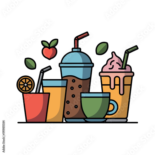Assortment of refreshing beverages includes coffee, juice, and smoothie cups with colorful straws and fruit.