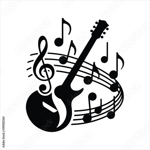 guitar and music notes silhouette vector