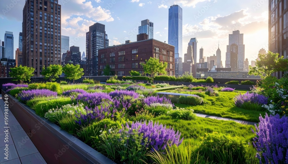Fototapeta premium A vibrant green city park provides a scenic urban landscape view of the Chicago downtown skyline and architectural skyscrapers under a clear blue spring sky