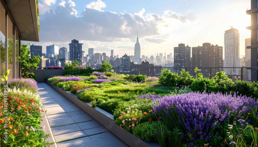 Fototapeta premium A vibrant green city park provides a scenic urban landscape view of the Chicago downtown skyline and architectural skyscrapers under a clear blue spring sky