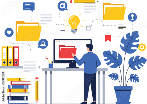 Digital File Management and Online Document Organization Concept, Business Workflow Automation with Cloud Storage, Data Sharing and Office Workspace Illustration