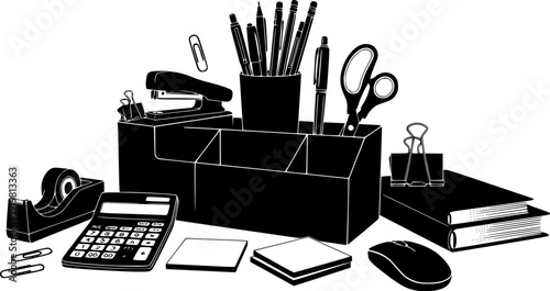 Black silhouette office supplies and desk organizer
