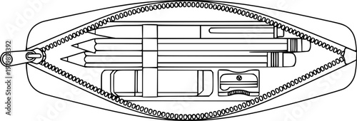 Line art pencil case stationery set top view open zipper pencil pen marker eraser sharpener isolated black and white vector illustration close up flat design minimalist 