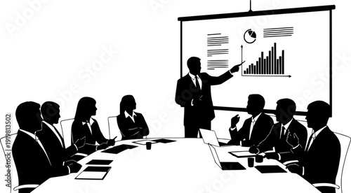 Vector illustration of business meeting presentation with team discussion, corporate people silhouette, manager explaining strategy on board, office teamwork collaboration concept in black and white