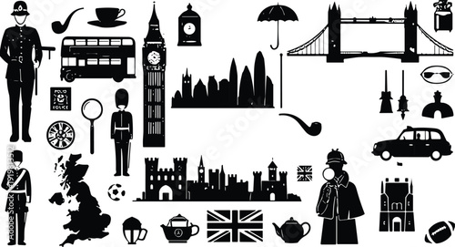 London United Kingdom Icons Set, British Landmarks and Cultural Symbols Silhouette Collection with Big Ben, Tower Bridge and Royal Guard