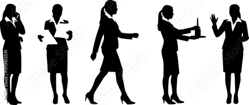 Black silhouette of five women performing different actions, including talking on phone, reading paperwork, walking, and presenting an object, on a white backdrop.