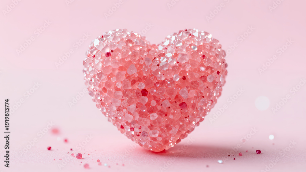 Fototapeta premium Pink Glittering Heart Made Of Sparkling Particles On A Light Pink Background, Romantic And Festive Design