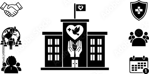 NGO office building icons in black and white
